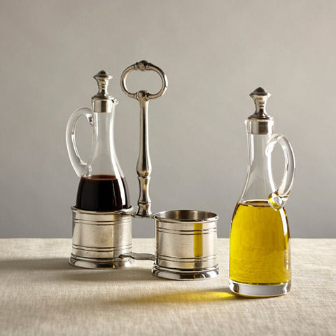 Todi Oil & Vinegar Set (Pewter stoppers) - 23 cm Height - Handcrafted in Italy - Pewter & Glass