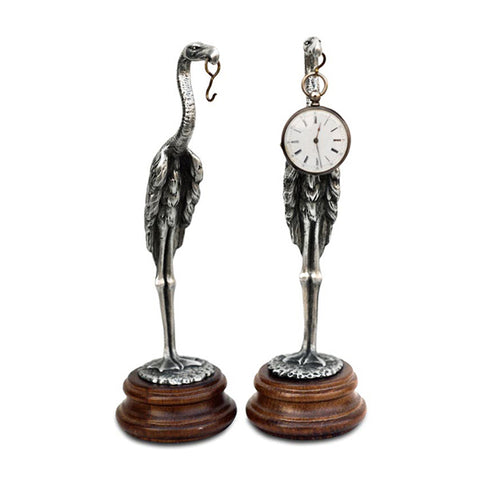 Art Nouveau-Style Cicogna Stork Pocket Watch Stand - 22.5 cm - Handcrafted in Italy - Britannia Metal/Pewter/Wood