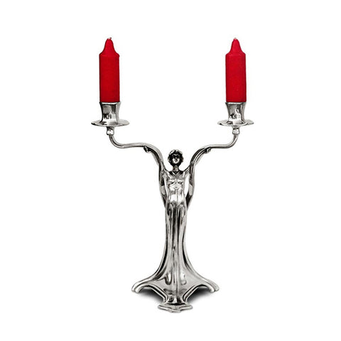 Art Nouveau-Style 2 Flame Donna Candelabra - Woman - 30.5 cm Height - Handcrafted in Italy - Pewter/Britannia Metal