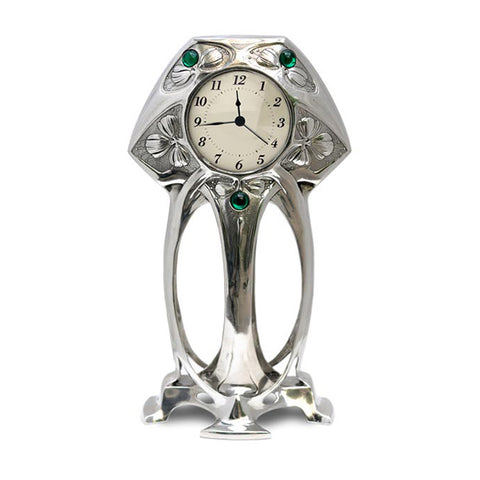 Art Nouveau-Style Art Deco Table Clock (White Face) - 20 cm - Handcrafted in Italy - Britannia Metal/Pewter