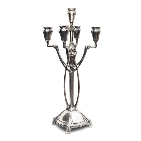 Art Nouveau-Style 5 Flame Secession Candelabra - Curved - 46 cm Height - Handcrafted in Italy - Pewter/Britannia Metal